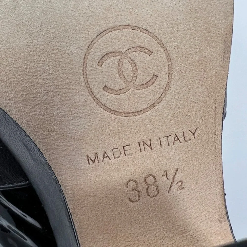 Chanel Black Patent Leather Wedge Ankle Boots Chain‎ Lace 38.5